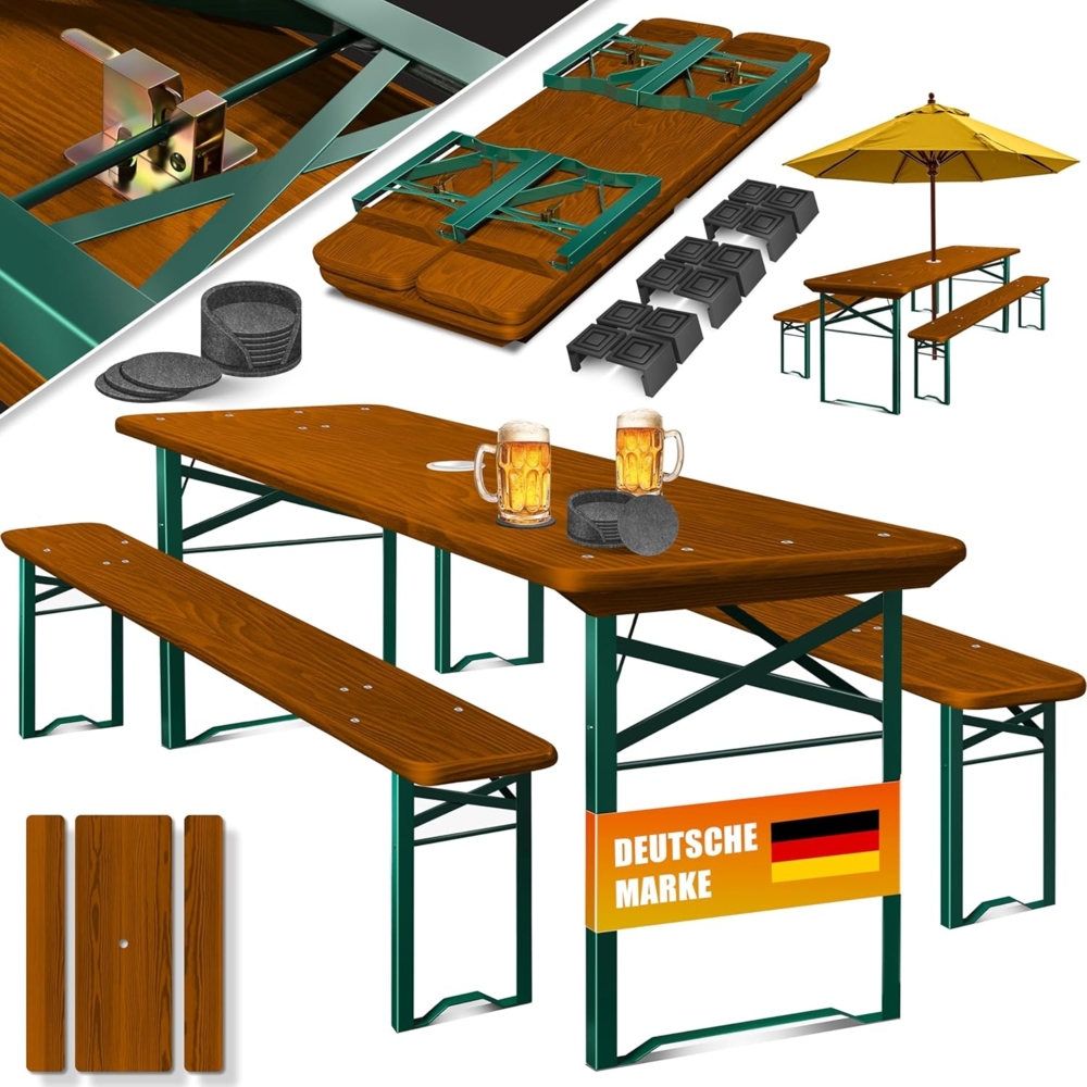 KESSER® Bierzeltgarnitur 3 teilig Gartenmöbel-Set | Klappbar 170 x 46 x 75cm | 2X Bierbänke 1x Biertisch | Festzeltgarnitur Biertisch Stehtisch Sitzgarnitur Holz 12-teiliges Bodenschoner-Set Dunkelbraun, 170cm x 46cm Bild 1