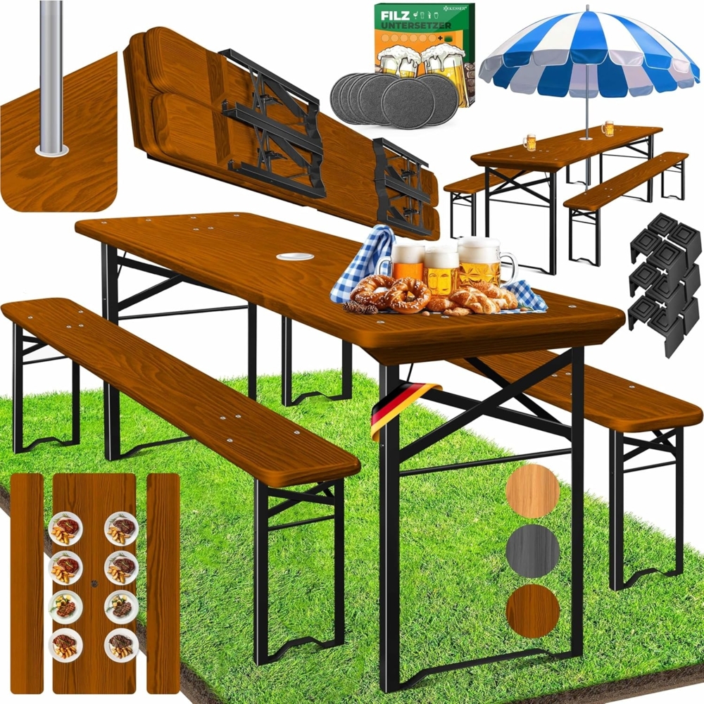KESSER® Bierzeltgarnitur, 3-teilig, klappbar, Holz / Stahl grün, Dunkelbraun, 170 x 46 x 75 cm Bild 1