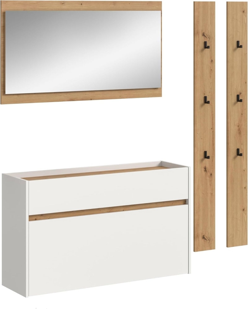 xonox. home – 4 teilige Garderobenkombination Drive 172 x 192 x 32 cm in Weiß und Artisan Oak Nachbildung – Set mit Spiegel, Paneel & Schuhkommode – Moderne Garderobe für Diele & Eingangsbereich Bild 1