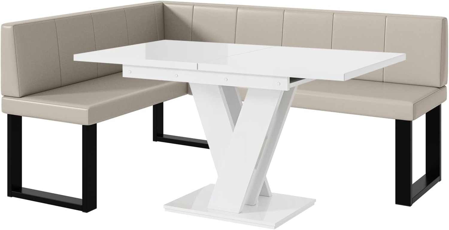 MEBLINI Eckbank für Esszimmer mit ausziehbarem Tisch - Küchenbank - Essecke - Sitzecke Küche - PETER - U-Beine 128x168x87cm Links - Beige Kunstleder/M Weiß Hochgl. Bild 1