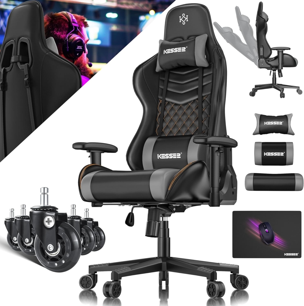 KESSER® Gamingstuhl mit Kopfstütze & Lendenkissen | Ergonomischer Gaming Sessel 150kg belastbar | Gamer Stuhl 360° Armlehne | Drehbarer Schreibtischstuhl Gaming Chair mit Mauspad + Gummi-Rollen Schwarz / Orange Bild 1