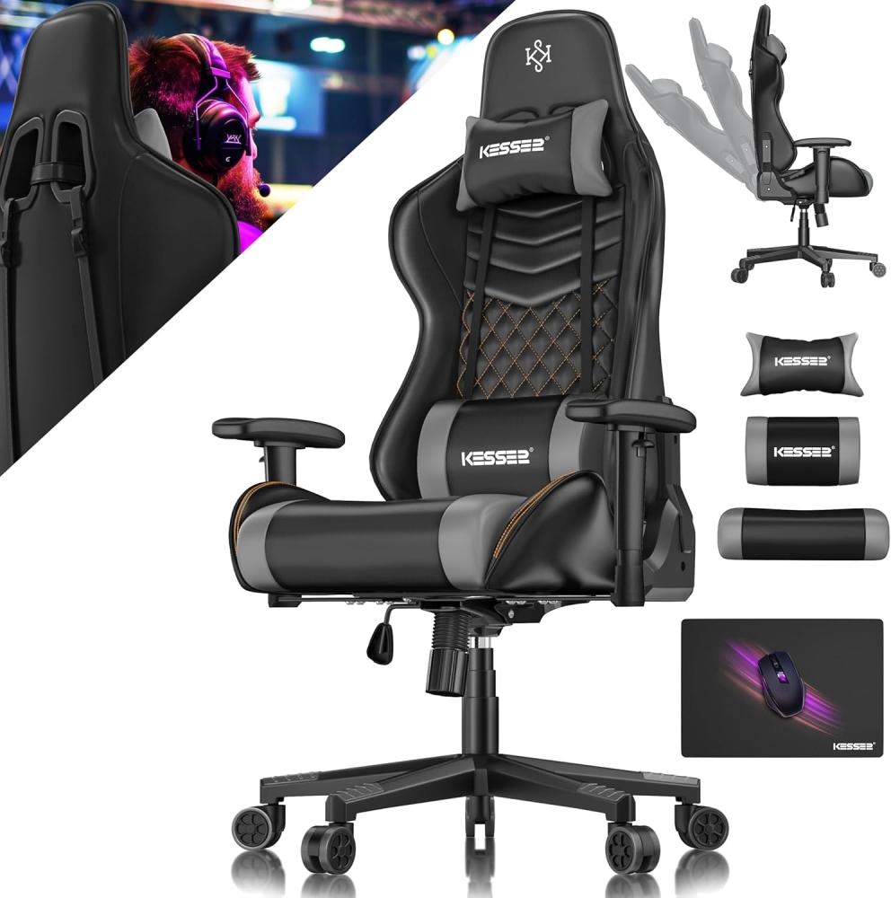 KESSER® Gamingstuhl mit Kopfstütze & Lendenkissen | Ergonomischer Gaming Sessel 150kg belastbar | Gamer Stuhl 360° Armlehne | Drehbarer Schreibtischstuhl Gaming Chair mit Mauspad + Gummi-Rollen Schwarz / Orange Bild 1