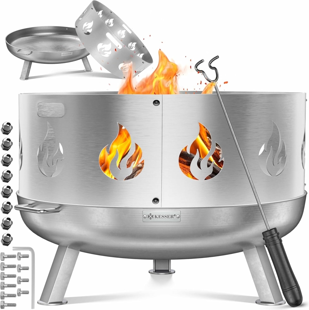 KESSER® Feuerschale mit 2,5 mm Stahldicke Feuerkorb aus Edelstahl / Stahl inklusive 42cm Feuerhaken aus Gusseisen, Wasserablauf & 2 stabile Griffe für Holz & Kohle Feuerstelle für Garten & Terrasse Ø 60 cm, Edelstahl + Funkenschutz Bild 1