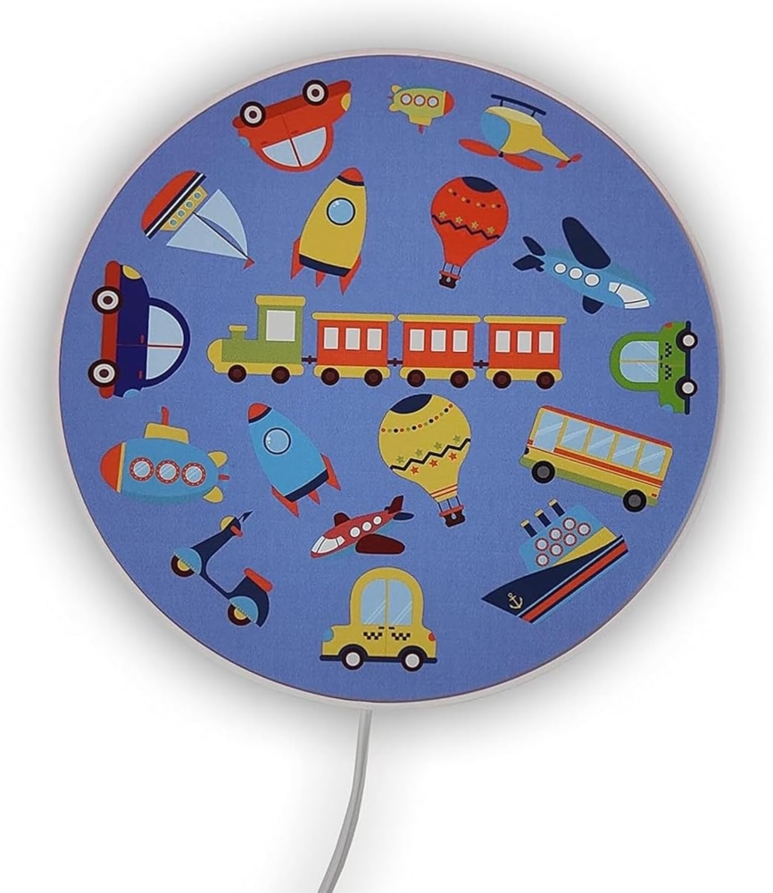 Kinderzimmer Wandlampe mit Fahrzeug Motiven, Schalter und Stecker, Ø 25cm Bild 1