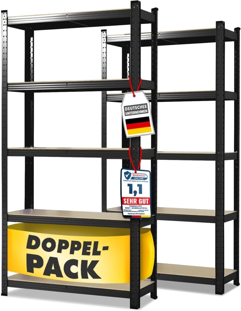 Floordirekt Schwerlastregal, 2er Set, schwarz 180 x 90 x 40 cm Steckregal, Kellerregal, Lagerregal, Werkstattregal, Werkbank - 5 verstellbare Böden (Lakota) Bild 1