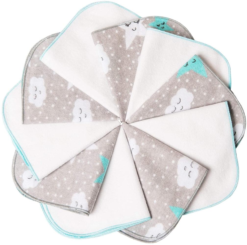 mimaDu Moltontücher Baby Waschlappen Babywaschlappen Kinder Waschlappen Kinder Set Waschtücher Baby Waschlappen Kinderwaschlappen Baumwolltücher Baby Oeko-TEX 10er Set - 25x25 cm - Weiss grau türkis Bild 1