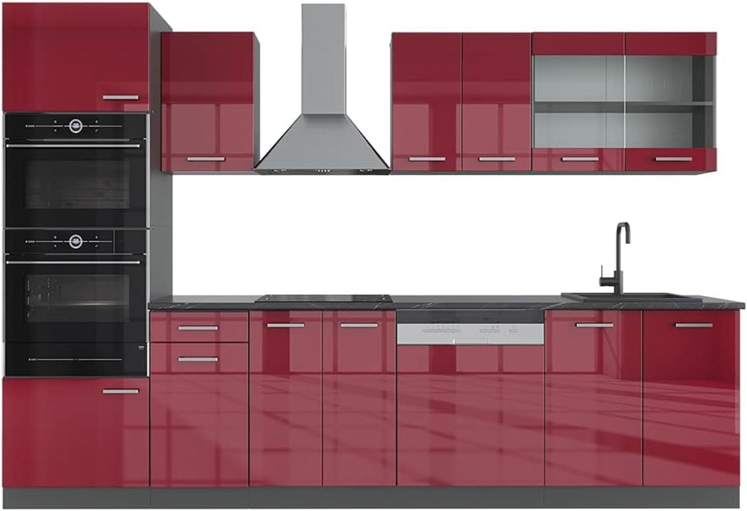 Vicco KÜCHE R-LINE 300 cm KÜCHENZEILE KÜCHENBLOCK EINBAUKÜCHE MIT MIKROWELLENUMBAUSCHRANK (Bordeaux Hochglanz) Bild 1