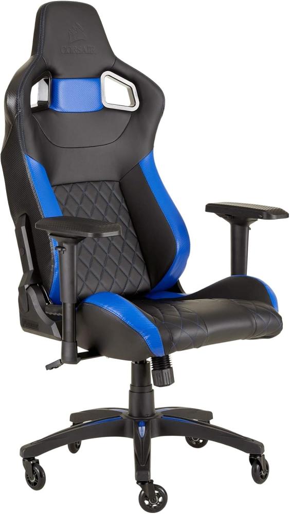 Corsair T1 Race (Kunstleder Gaming Rennsport Büro Stuhl, Einfache Montage, Ergonomisch schwenkbar, verstellbare Sitzhöhe & 4D Armlehnen, Komfortable  Sitzfläche mit hoher Rückenlehne) Schwarz/Blau Bild 1