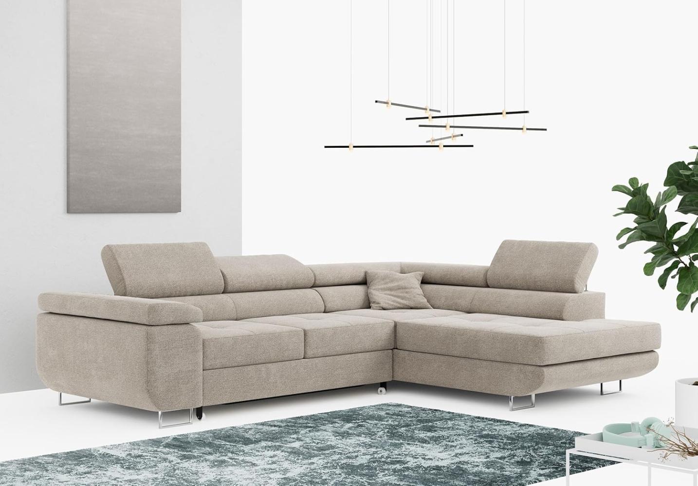 Ecksofa L-Form Couch mit Schlaffunktion und Verstellbare Kopfstützen - GUSTAW - Beige Stoff - Rechts Bild 1