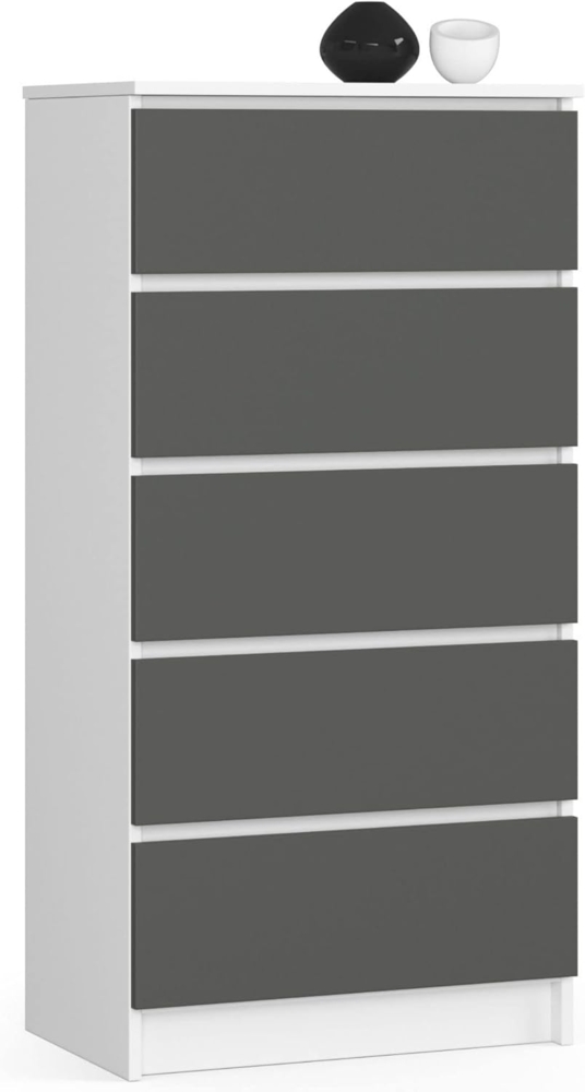 AKORD Kommode K60 mit 5 Schubladen | für das Wohnzimmer Schlafzimmer Schrank Büro Arbeitszimmer | Modernes Funktionales Design | B60 x H121 x T40 cm, Gewicht 39kg | Weiß/Graphitgrau Bild 1