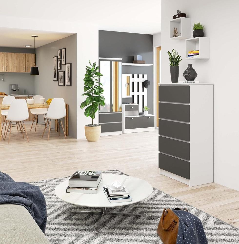 AKORD Kommode K60 mit 5 Schubladen | für das Wohnzimmer Schlafzimmer Schrank Büro Arbeitszimmer | Modernes Funktionales Design | B60 x H121 x T40 cm, Gewicht 39kg | Weiß/Graphitgrau Bild 1