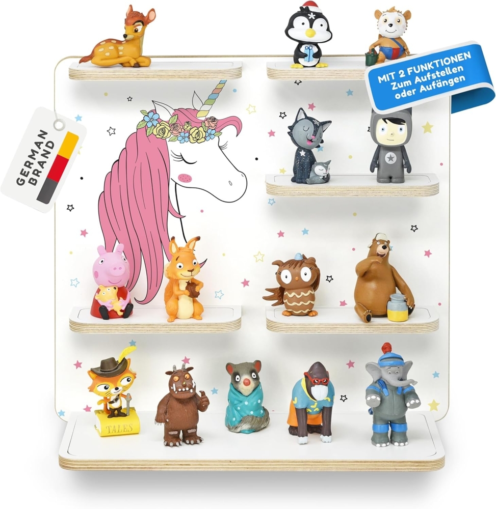 stadtecken Holzregal für Musikbox – Passend für Toniebox & ca. 40 Tonies | Perfekte Aufbewahrung fürs Kinderzimmer | Zum Aufhängen | Erweiterbar (Einhorn ohne Musikbox) Bild 1