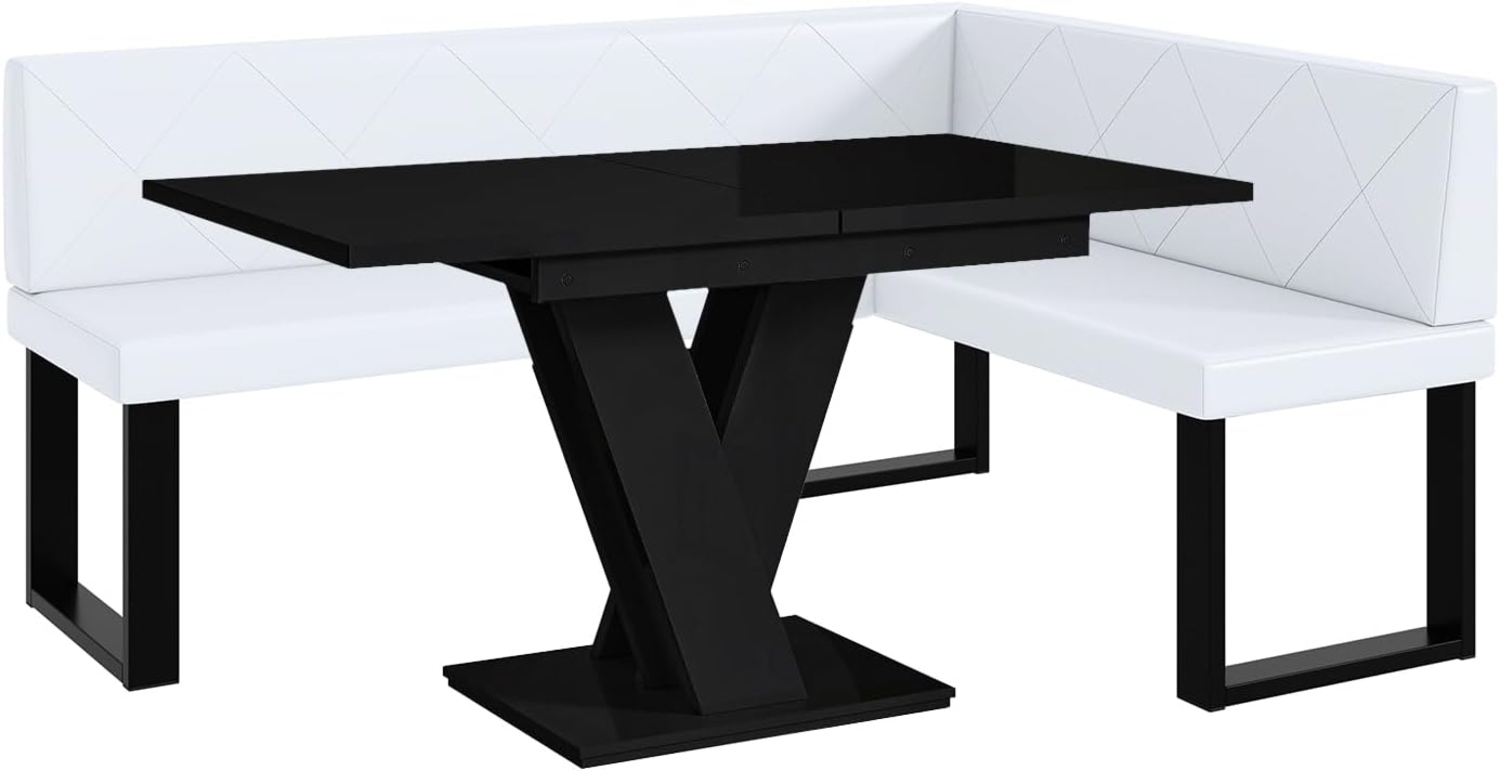 MEBLINI Eckbank für Esszimmer mit ausziehbarem Tisch - Küchenbank - Essecke - Sitzecke Küche - ERIC - U-Beine 128x168x87cm Rechts - Weiß Kunstleder/M Schwarz Hochgl. Bild 1