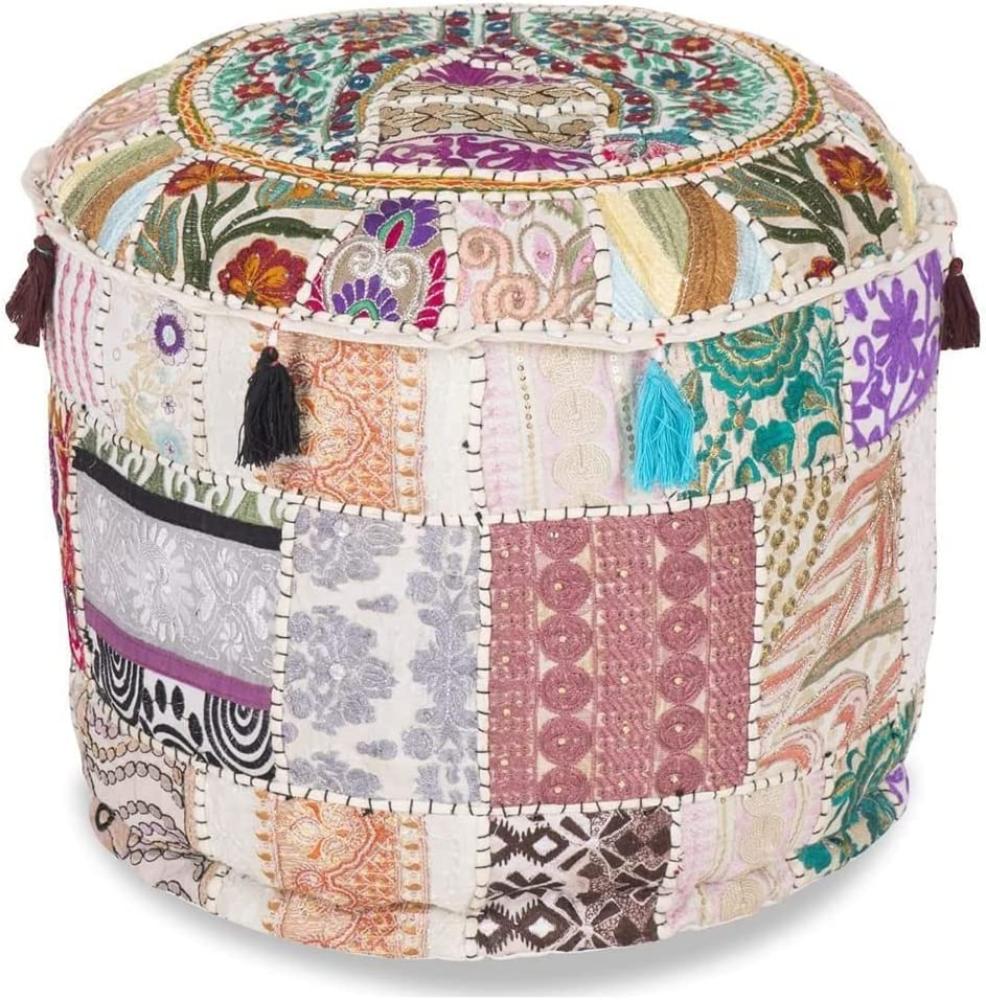 Aakriti Indian Pouf Fußhocker mit Stickerei Pouf, indische Baumwolle, Pouffe osmanischen Pouf Cover mit ethnischem Dekor Kunst - Cover (White, 46x33 cms) Bild 1