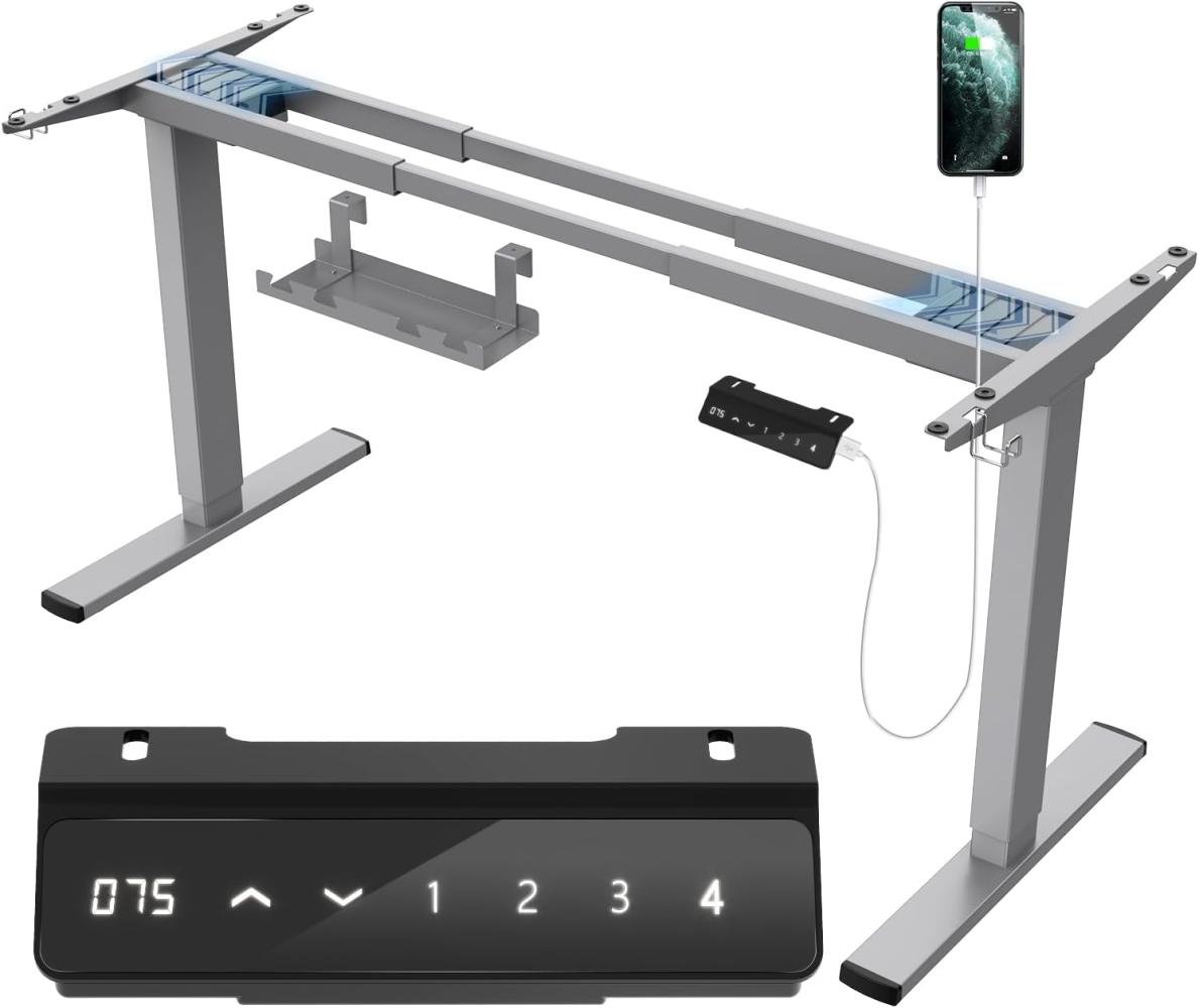 JUMMICO Dual-Motor Tischgestell Höhenverstellbar mit USB-Buchse und Kabelwanne, Elektrisch Höhenverstellbarer Schreibtisch Gestell mit mit Sitz-Steh-Erinnerungs und Rollen（Grau） Bild 1