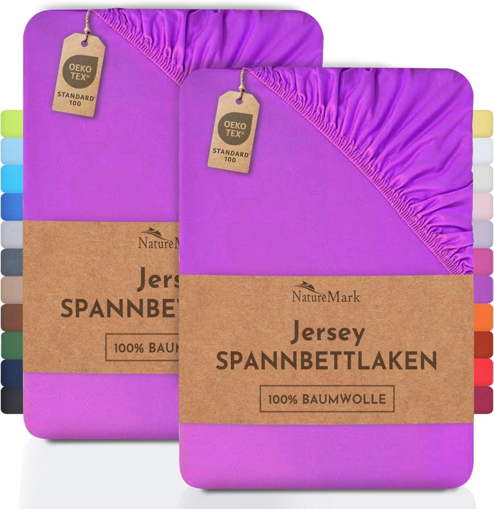 NatureMark 2er Pack Jersey Spannbettlaken, Spannbetttuch 100% Baumwolle in vielen Größen und Farben MARKENQUALITÄT ÖKOTEX Standard 100 | 200x220 cm +40 Steg - lila Bild 1