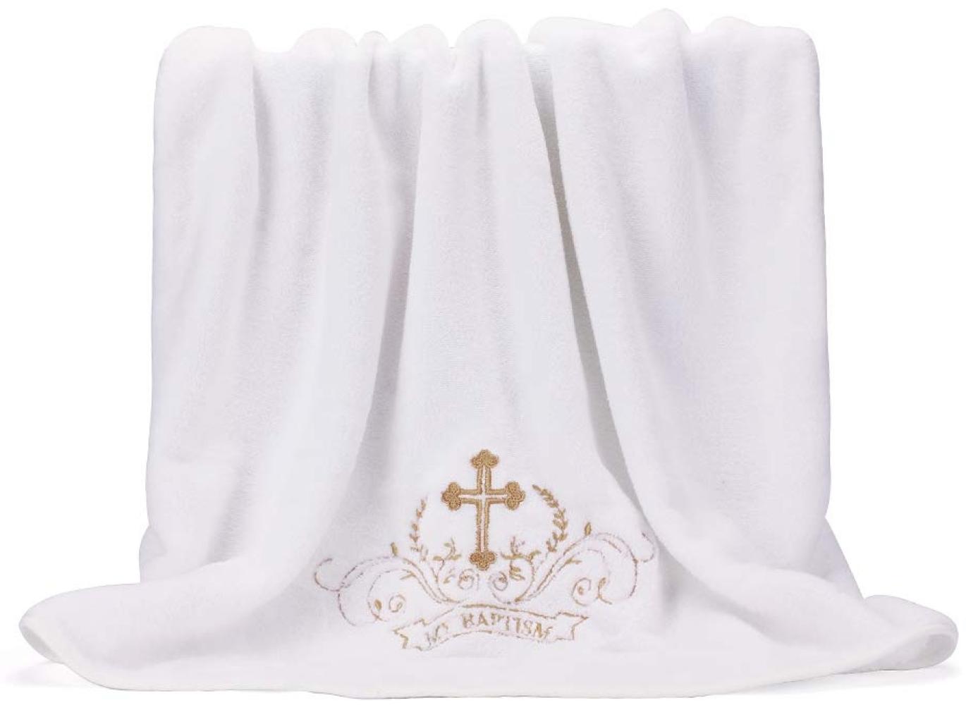 LACOFIA Taufe Handtuch Unisex Baby Taufe Decke, Weiß mit Gold Stickerei Kreuz, Personalisierte Geschenke für Jungen oder Mädchen, Volle Badetuch Größe 150 * 75 CM Bild 1