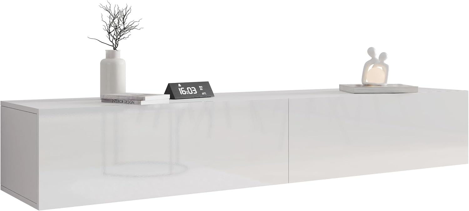 Mirjan24 TV Schrank Vigo, Fernsehschrank, TV Lowboard mit Grifflose Öffnen, Hängeschrank Hochglanz Matt Wohnwand (Länge: 180 cm, Weiß/Weiß Hochglanz) Bild 1