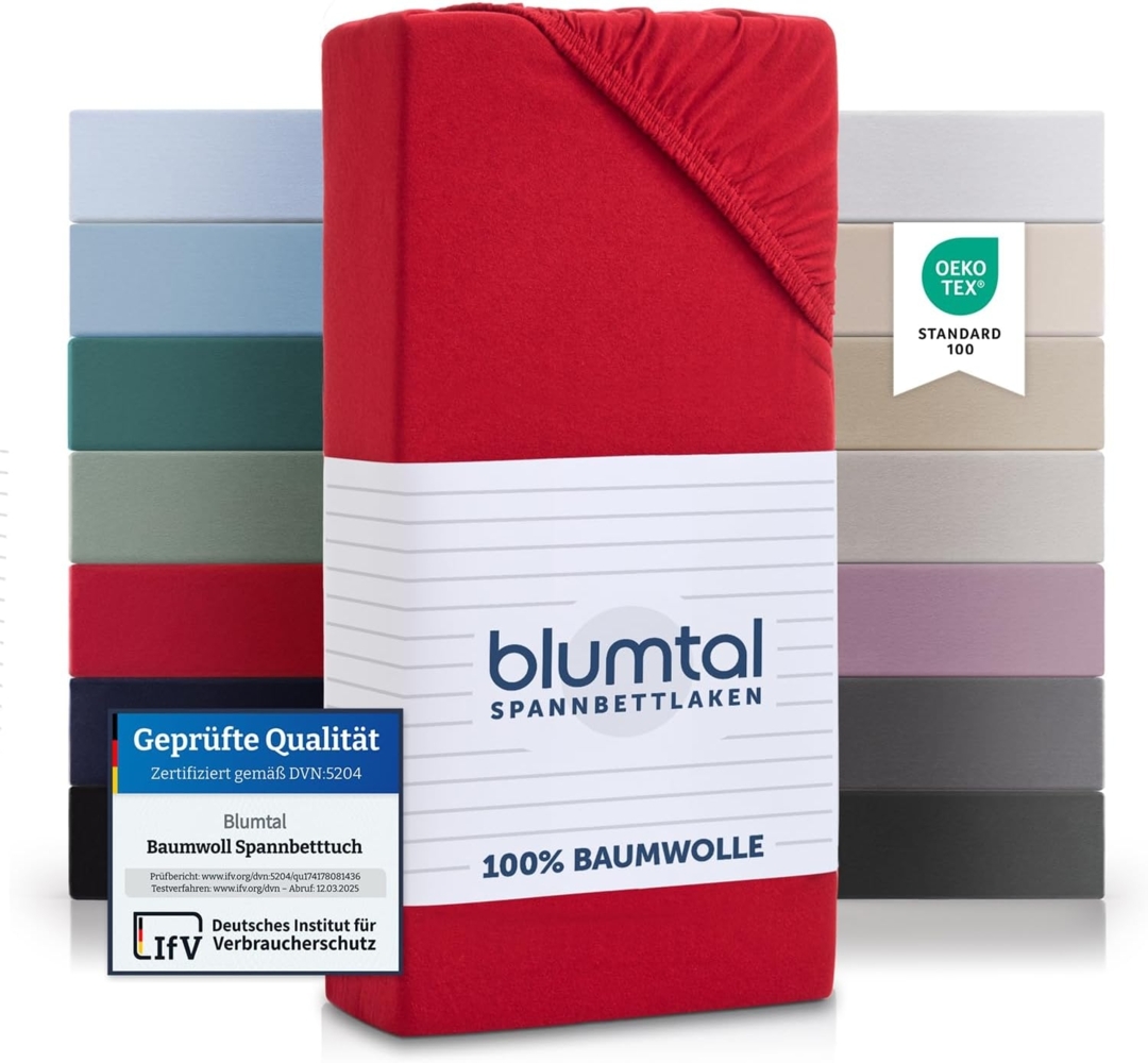 Blumtal® Basics Jersey Spannbettlaken 135x190 cm - Oeko-TEX Zertifiziert, 100% Baumwolle Bettlaken, bis 20cm Matratzenhöhe, Rot Bild 1