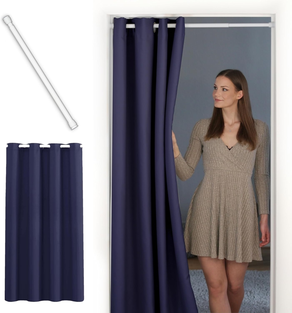 tinycurtains Türvorhang mit Stange weiß 70-120 cm Thermo Vorhang ohne Bohren, blickdicht, Ösen, verdunkelnd, Polyester, dunkelblau Ocean, Türgardine mit Klemmstange Raumtrenner Vorhang Tür Bild 1