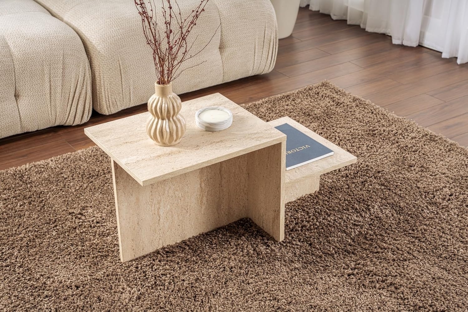 Modern Rustic Coffee Table, Travertine, 80 x 40 x 40 | Made from 100% Melamine Coated Particle Board, Thickness: 18 mm | Perfect for Modern Home Office & Study Spaces, Elegant and Functional Design Bild 1