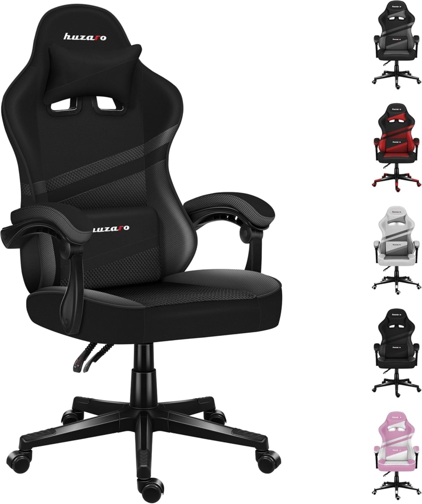 huzaro Force 4.4 Carbon | Gaming Stuhl PC Bürostuhl Schreibtischstuhl Ergonomischer Gamer | Kopfstütze Lendenkissen | bis 130 kg belastbar | Höhenverstellbar Wippfunktion | Stoff Kunstleder | Schwarz Bild 1