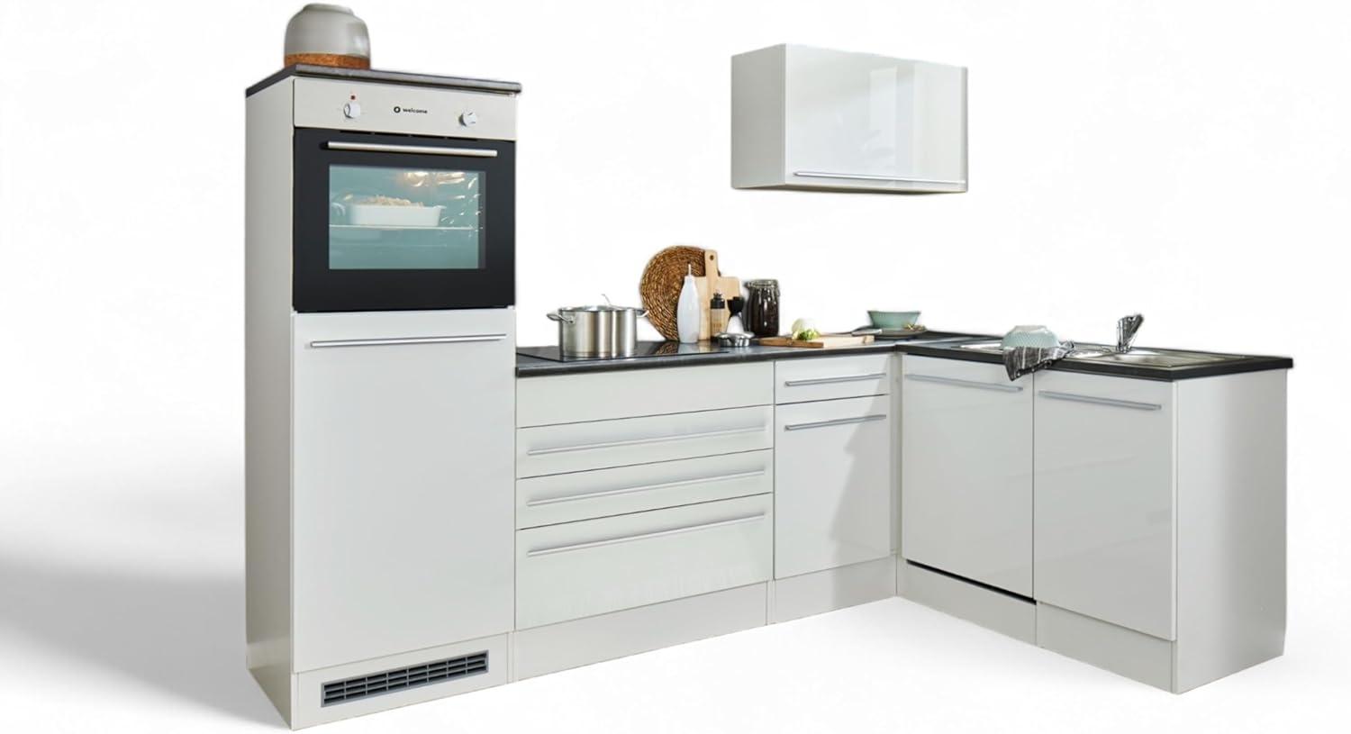 Jazz 6 Moderne Eckküche ohne Elektrogeräte in Weiß Hochglanz, Metallic Grau - Geräumige Küchenzeile in L-Form mit viel Stauraum - 260 x 200 x 60 cm (B/H/T) Bild 1