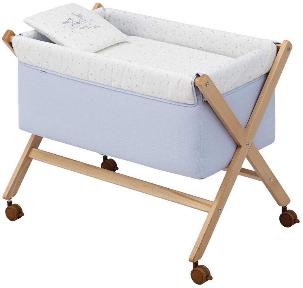 Cambrass Mini-Kinderbett mit gekreuzten Beinen und Rollen mit Bremsen - Kinderwagen für die ersten Monate des Babys - leicht zu tragen - Mini-Kinderbett Schere Holz 55 x 87 x 74 cm himmelblau/natur Bild 1