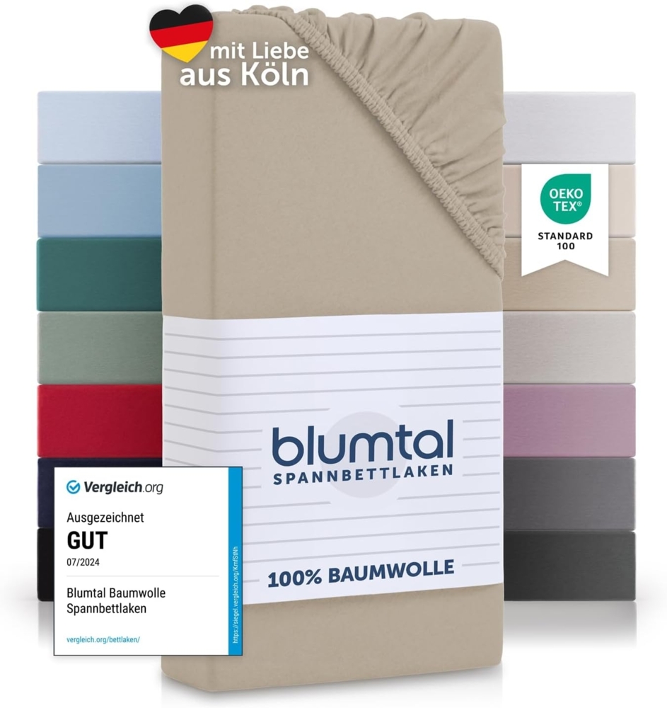 Blumtal® Baumwolle Spannbettlaken 150x200cm Basics Jersey - Bettbezug 150x200cm - Oeko-TEX zertifiziertes Spannbetttuch 150x200cm - Matratzenbezug 150x200cm - Bettbezug - Leintuch - Taupe Bild 1