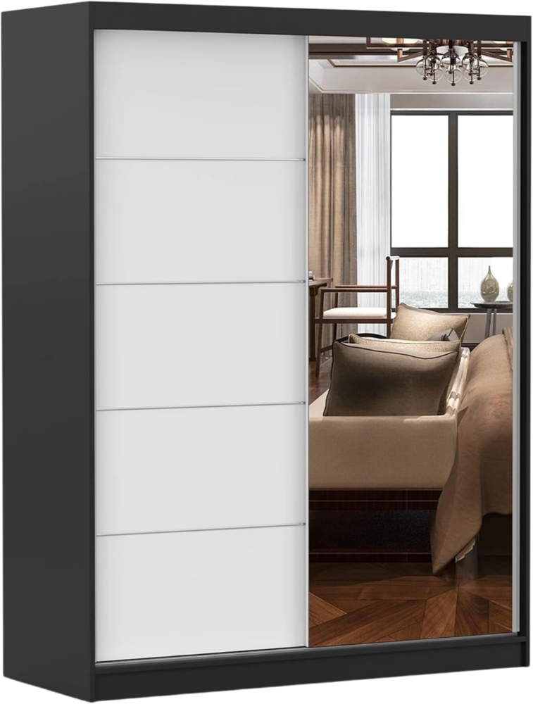Schiebetürenschrank, eleganter Kleiderschrank Schrank Garderobe Spiegel Vista 05, Schlafzimmer- Wohnzimmerschrank Schiebetüren Modern Design (Schwarz/Weiß) Bild 1