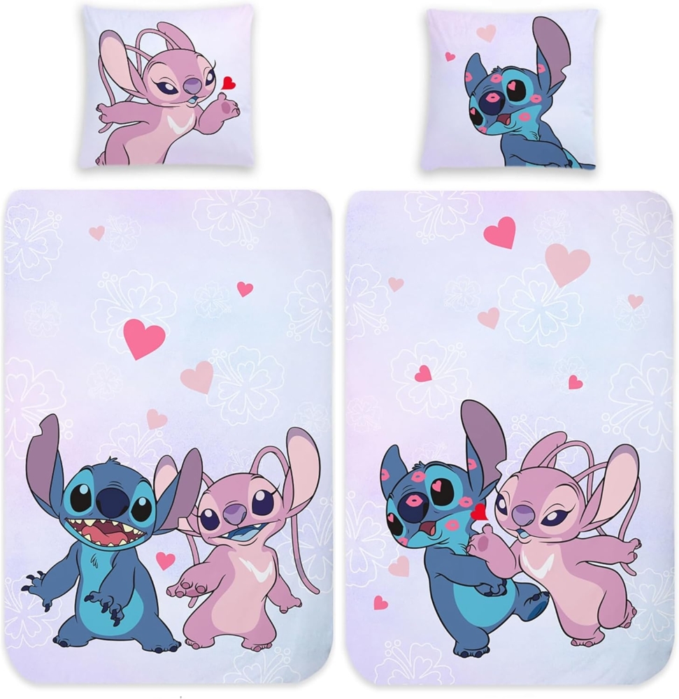 BERONAGE Kinderbettwäsche Lilo und Stitch Angel Hearts Disney Bettwäsche Linon / Renforcé, 2 teilig, 135x200 + 80x80 cm Bild 1