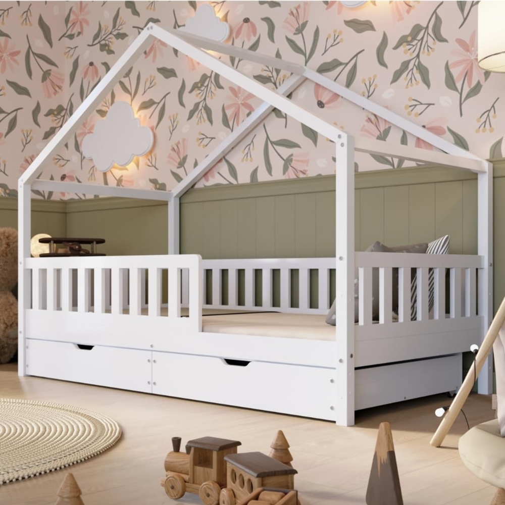 Crazy Pine Hausbett mit Schubladen 200x100 cm – Kinderbett aus Naturholz in Weiß mit Rausfallschutz – Montessori Bodenbett mit zusätzlichen Stauraum und und Abnehmbarer Barriere - Crazy House Bild 1