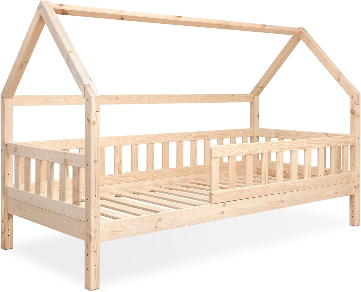 Ehrenkind Hausbett aus nachhaltigem Kiefernholz (mit abnehmbarem Rausfallschutz aus nachhaltigem Holz, Erhältlich in Natur und Weiß Kinderbett 80x160/90x200 cm), höhenverstellbar, nachhaltiges Kiefernholz, hergestellt in Europa Bild 1