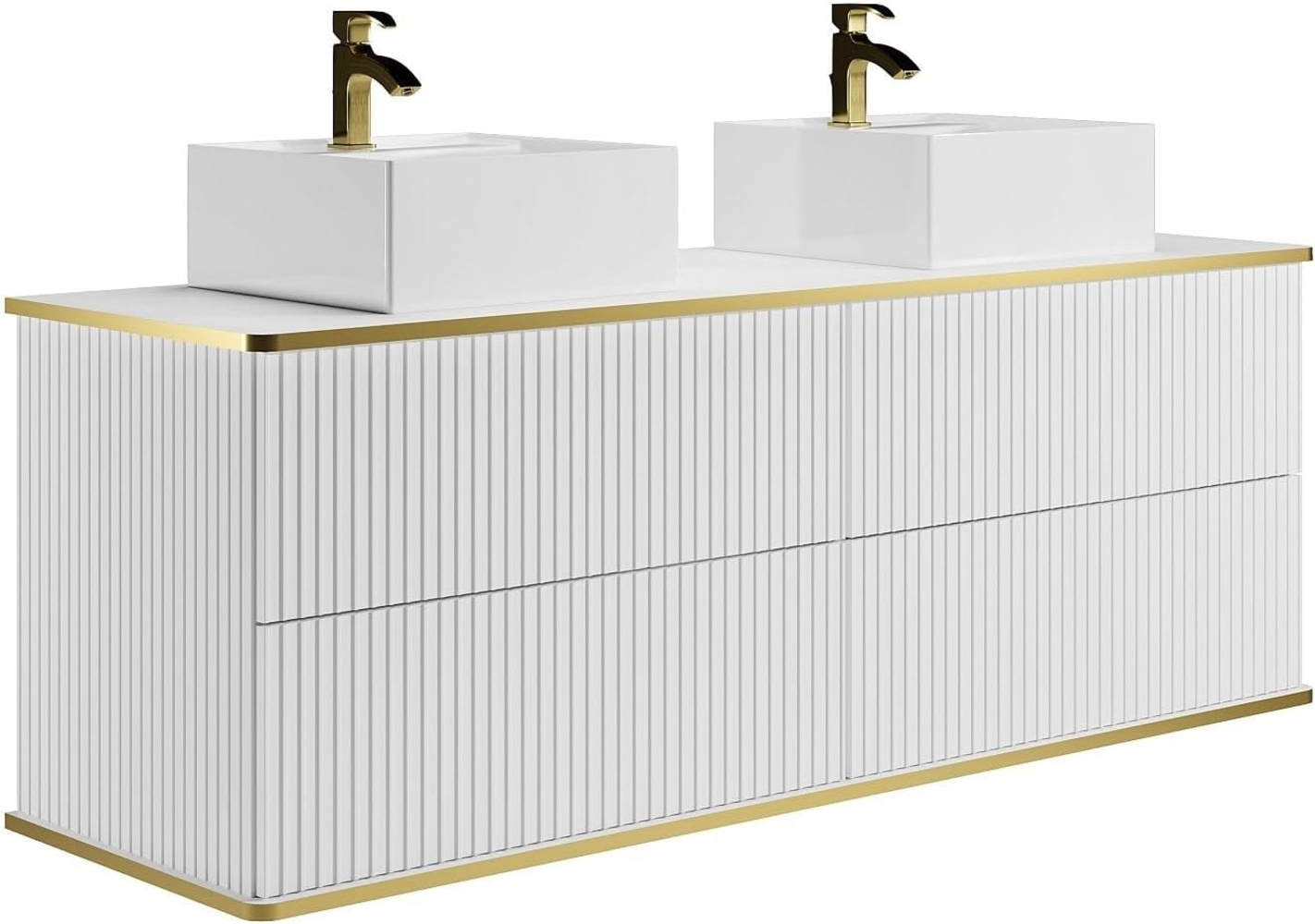 Vente-unique - Waschbeckenunterschrank hängend - Streifenoptik - Goldfarbene Umrandung - Doppelwaschbecken quadratisch - 4 Schubladen - Weiß - 150 cm - KELIZA Bild 1