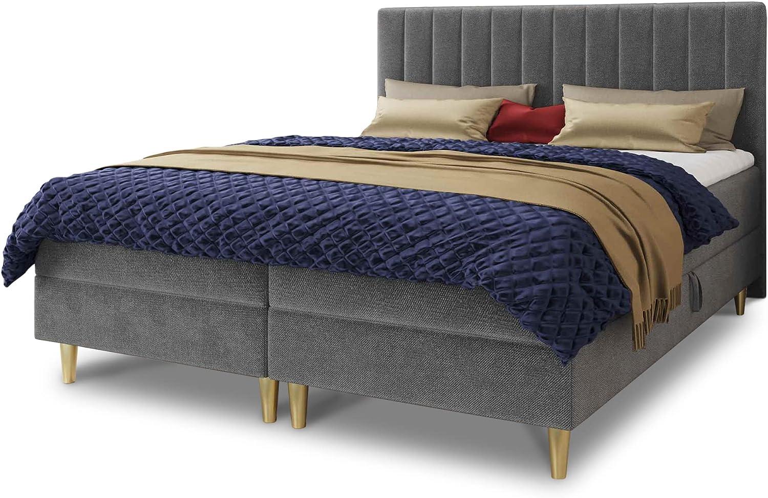 Boxspringbett Gold mit 2 Bettkästen und Topper - Doppelbett, Bonell-Matratze, Polsterbett, Bett mit Matratzentopper, Schlafzimmer, Velours Stoff (Grau (Manila 16), 160 x 200 cm) Bild 1