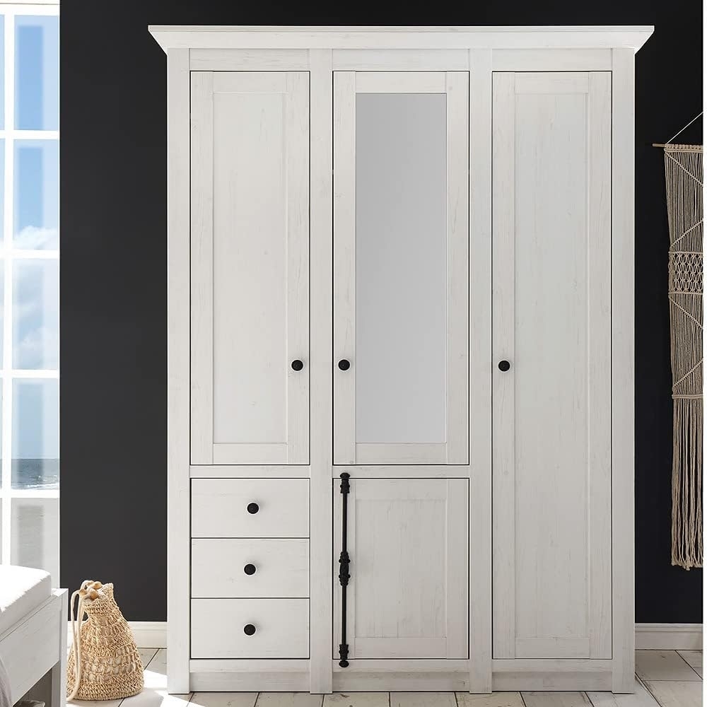 4-türiger Kleiderschrank WINGST-61 mit Spiegel im Landhaus Stil Dekor Pinie weiß Nb. B/H/T ca. 147 x 206 x 64 cm Bild 1