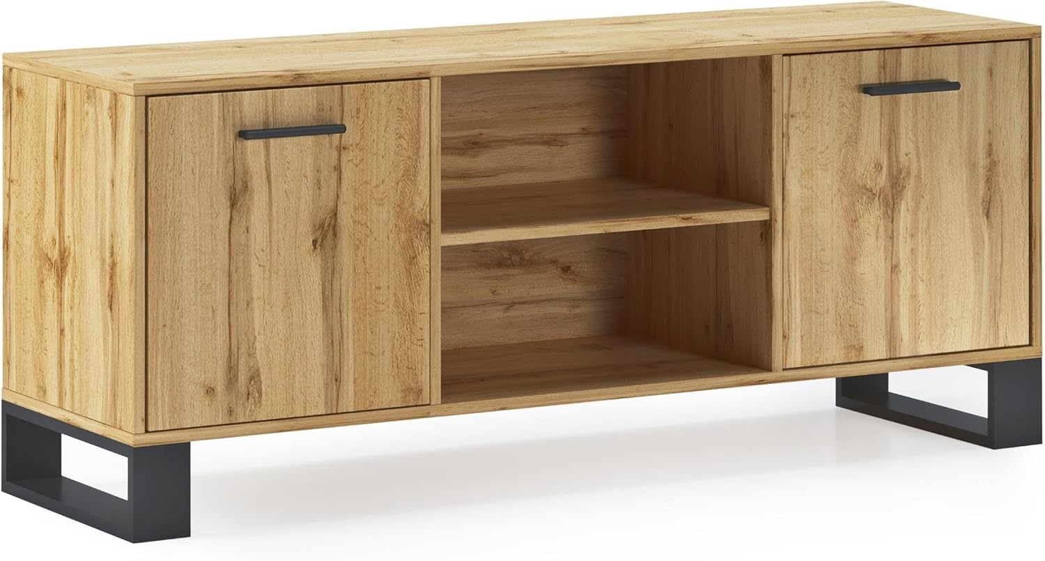 Skraut Home – TV-Schrank für Wohnzimmer – 57 x 137 x 40 cm – geeignet für 32/40/42/50/55/60 Zoll Fernseher – Loft-Modell – rustikale Struktur in Eichenfarbe – Schwarze Holzbeine Bild 1