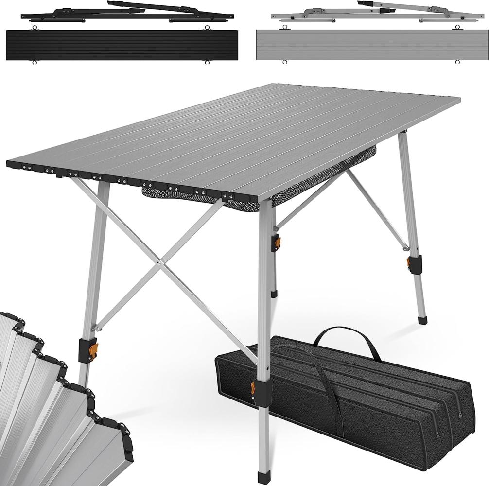 MIADOMODO® Campingtisch - Klappbar, Höhenverstellbar, 90x45 cm, aus Aluminium, mit Tragetasche, Stauraum, Leicht, Outdoor und Indoor, Silber - Klapptisch, Gartentisch, Falttisch, Alutisch Bild 1