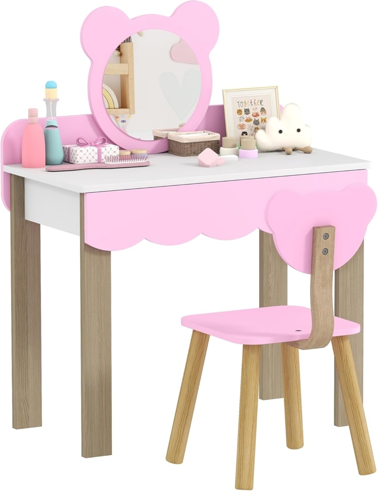 AIYAPLAY Schminktisch mit Hocker, Spiegel, Schubladen, Zubehör (Frisiertisch aus Holz, 2-St, Make-up Tisch Set im Bärendesign), Prinzessin Kosmetiktisch für Mädchen 3-8 Jahre Rosa Bild 1