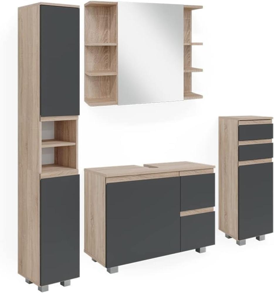 Vicco Badmöbelset J-shape Sonoma Anthrazit modern Badezimmer Schrank Badschrank Waschtischunterschrank Spiegelschrank Midischrank Hochschrank Schranktür Schrankschublade Schrankfach Ablage Aufbewahrung Bild 1