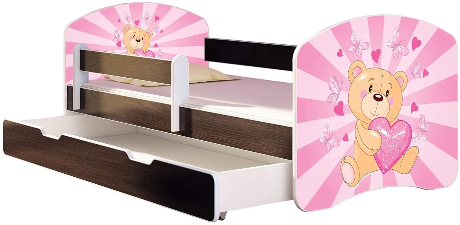 ACMA Kinderbett Jugendbett mit Einer Schublade und Matratze Wenge mit Rausfallschutz Lattenrost II 140x70 160x80 180x80 (10 Teddybär, 160x80 + Bettkasten) Bild 1