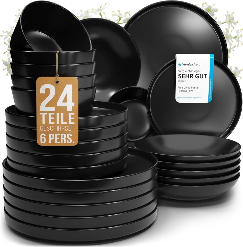 PURE LIVING INTERIOR DESIGN Geschirr-Set 6 Pers. - Hochwertiges Steingut Geschirrset - Geschirr Set (24-tlg), 6 Personen, Steingut, Schüssel- und Teller Set in Matt Schwarz Bild 1