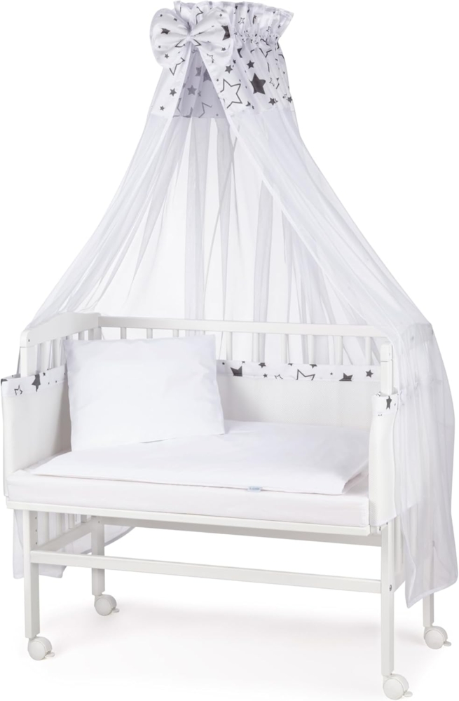 WALDIN Beistellbett mit Matratze und Nestchen, höhenverstellbar, Ausstattung Sterne, Gestell Weiß lackiert Bild 1