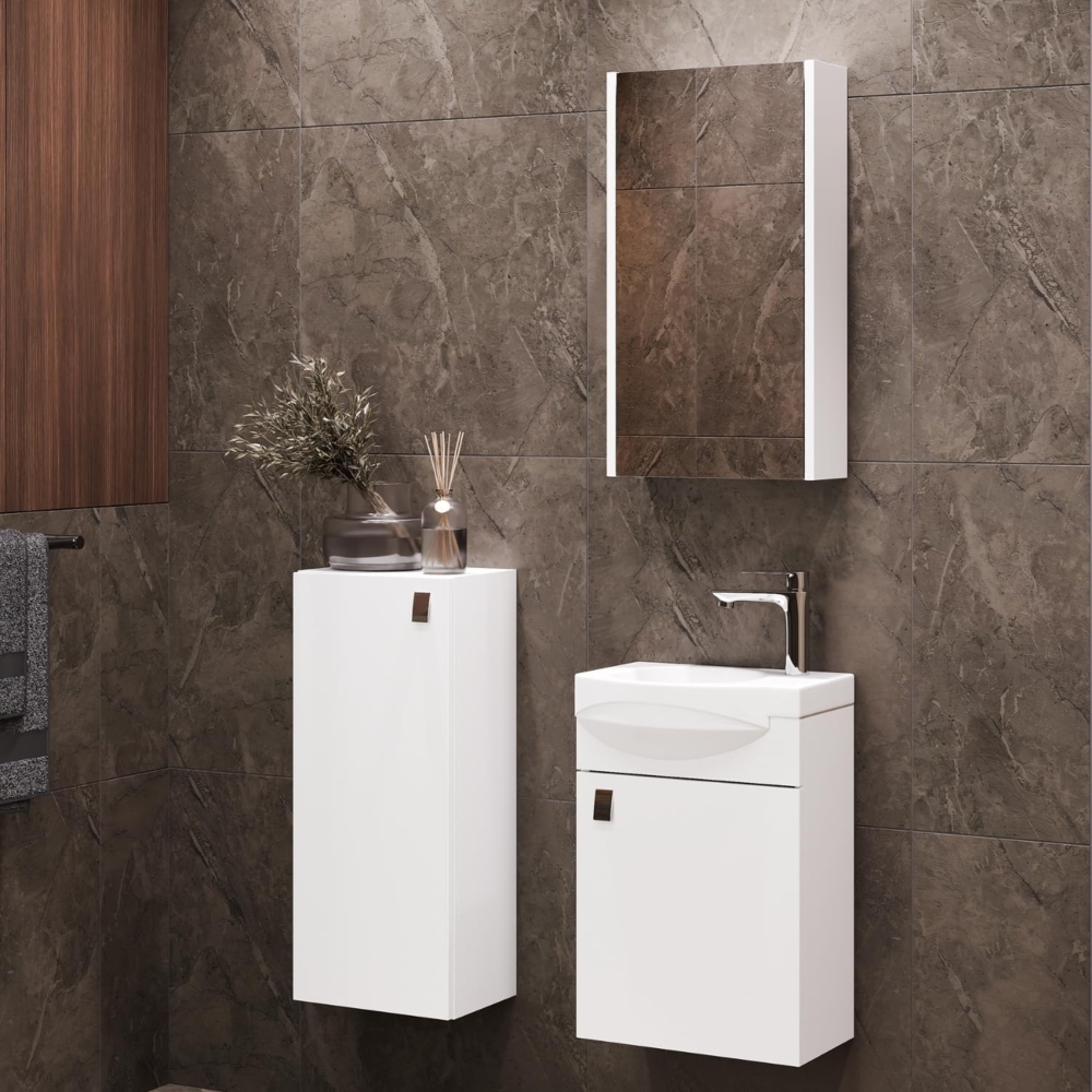 Planetmöbel Badset komplett aus Unterschrank 40cm mit Waschbecken, Spiegelschrank und 1x Midischrank in Weiß, Komplettset für Badezimmer 4-teilig Bild 1