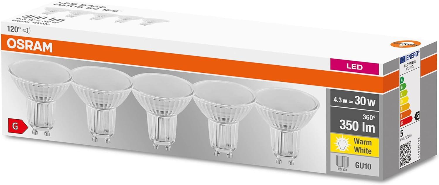 5er-PACK OSRAM LED BASE PAR16 GU10 LED Strahler 4. 3W wie 30W 120° warmweiß breit strahlend Bild 1