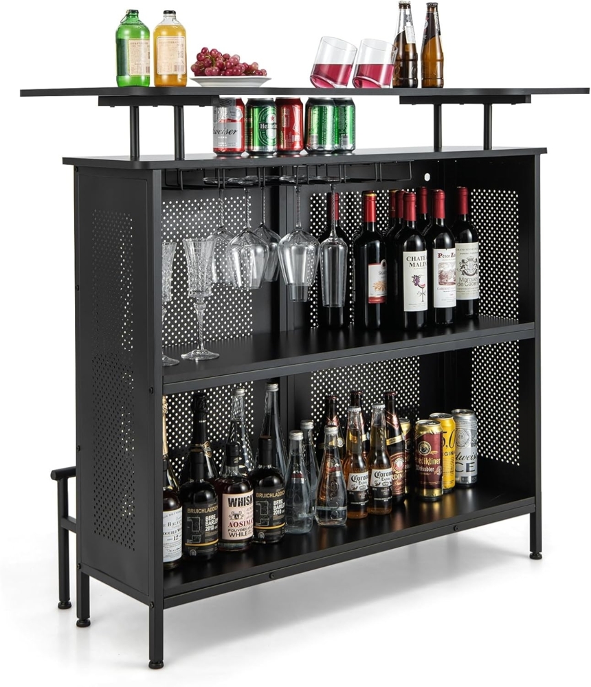 COSTWAY Bartisch Küche, Küchentheke mit Stauraum und Fußstütze, Theke Bar mit Metallrahmen, verstellbare Füße, 120 x 50 x 106,5 cm, schwarz, Rechteckig Bild 1