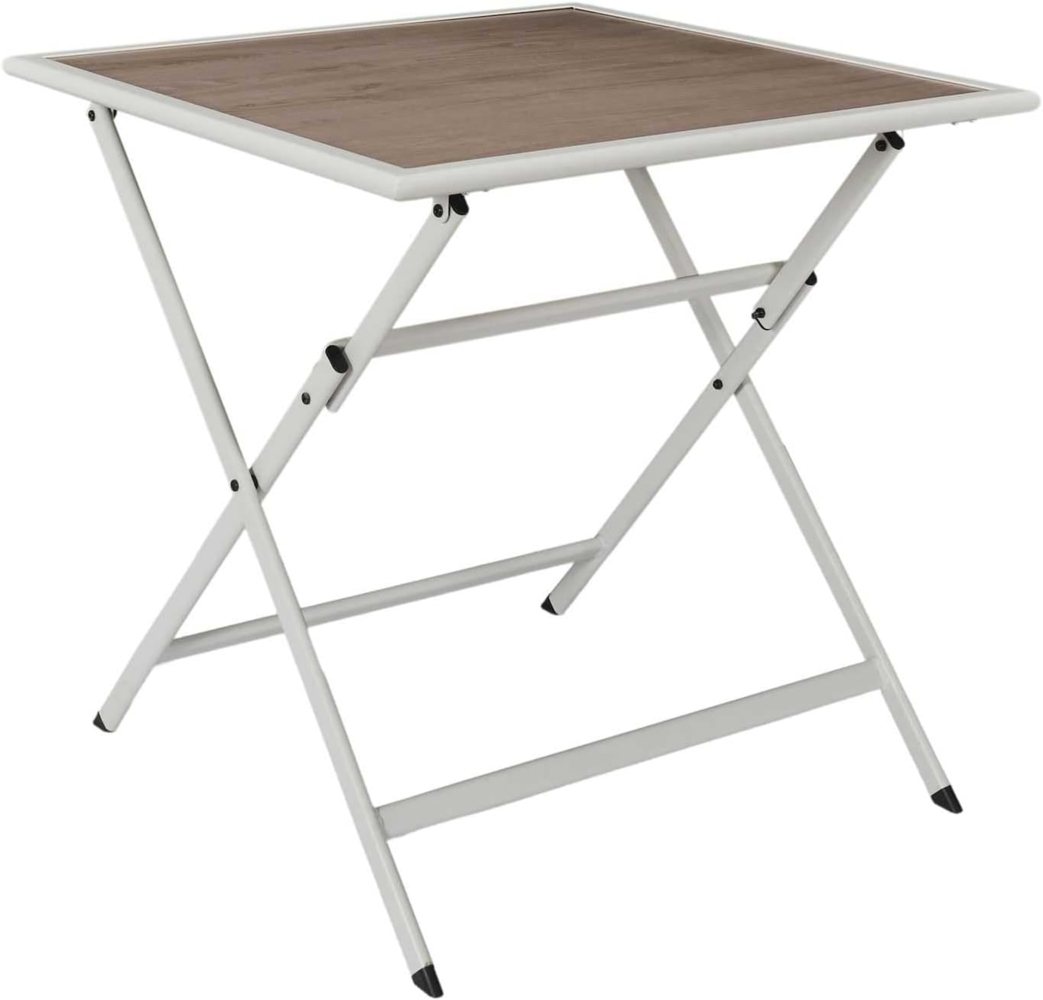 HOME DECO FACTORY, HDO0222, Tisch aus weißem Metall in Holzoptik, Modell Barcelona, ​​Gartenmöbeltisch, Möbel, Gartenmöbel, Tisch für den Außenbereich, 70 x 71 x 70 cm, Beige Bild 1