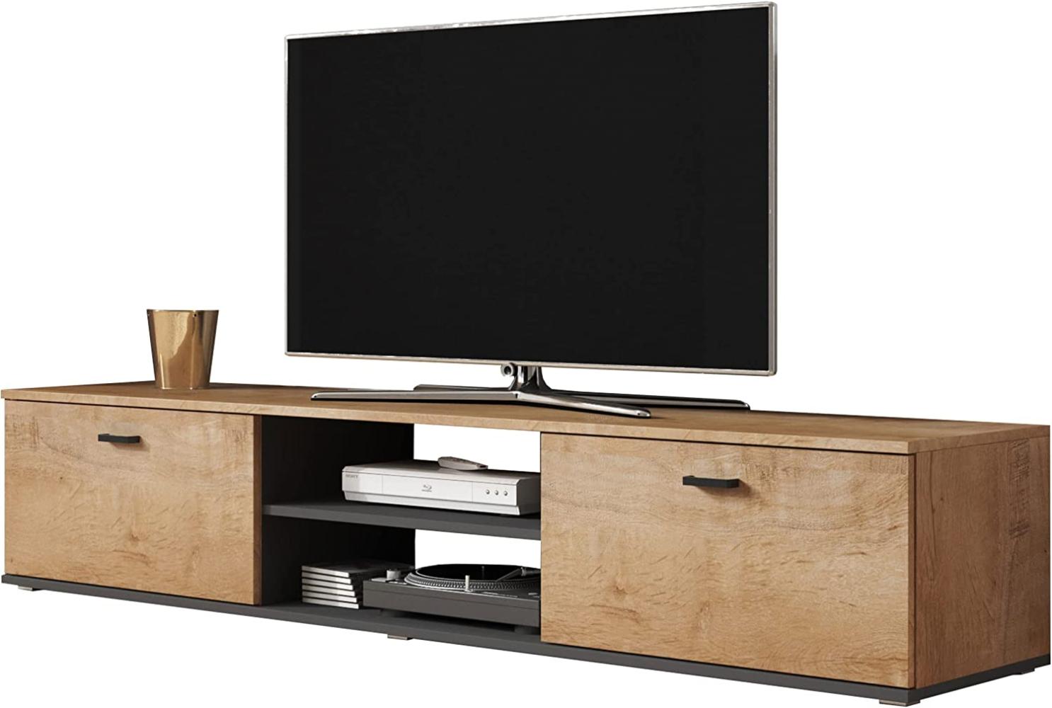 TV Lowboard 180 Soho S3, Farbauswahl, TV Schrank, Tisch, Fernsehschrank, Fernsehtisch, TV Bank, TV Möbel (Eiche Lefkas/Eiche Lefkas + Schwarz) Bild 1