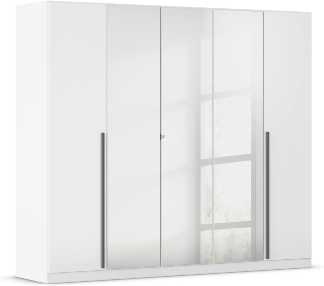 rauch Kleiderschrank Alba, Drehtürenschrank, Garderobenschrank, 5-türig, mit Spiegel, mit 3 Kleiderstangen und 3 Einlegeböden, Farbe Hochglanz Weiß/Weiß, Griffstange Grau metallic, Schwarz, 226x197x54cm Bild 1