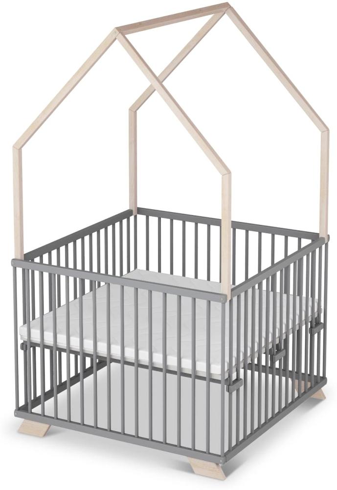 Sämann Laufgitter EXCLUSIVE 100x100 cm mit Matratze - Hausbett & Babybett - stufenlos höhenverstellbar Laufstall Baby Buche grau Bild 1